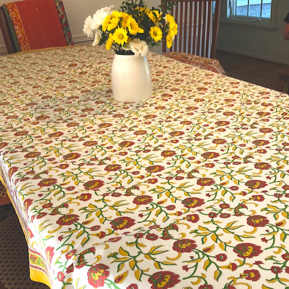 Gorgeous gold, red, green &white floral tablecloth